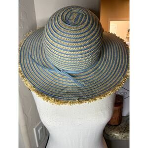 Panama Jack women's straw brimmed sun hat in a striped blue and tan